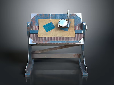 Industrial Metal Equipment With Stand Platform Magnifying Glass Brown Paper And Blue Label 3d model