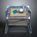 Industrial Metal Equipment With Stand Platform Magnifying Glass Brown Paper And Blue Label