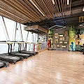 Modern Gym Interior With Fitness Equipment Colorful Graffiti Wall Wooden Floor Yellow Ladder And TV
