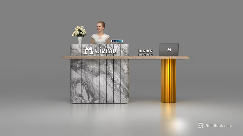 Modern Lichin Reception Desk With Marble Surface Gold Column Vase And Laptop 3d model 