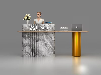 Modern Lichin Reception Desk With Marble Surface Gold Column Vase And Laptop 3d model