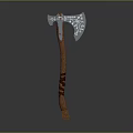 Ornate Silver Axe With Wooden Handle Brown Leather Straps And Decorative Patterns