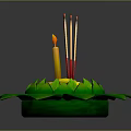 Decorative Green Lotus Shaped Plant With Yellow Center And Burning Candles Incense Sticks