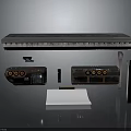 Floating Industrial Equipment Setup With Gray Table Top Control Panels Round Buttons And Black Column
