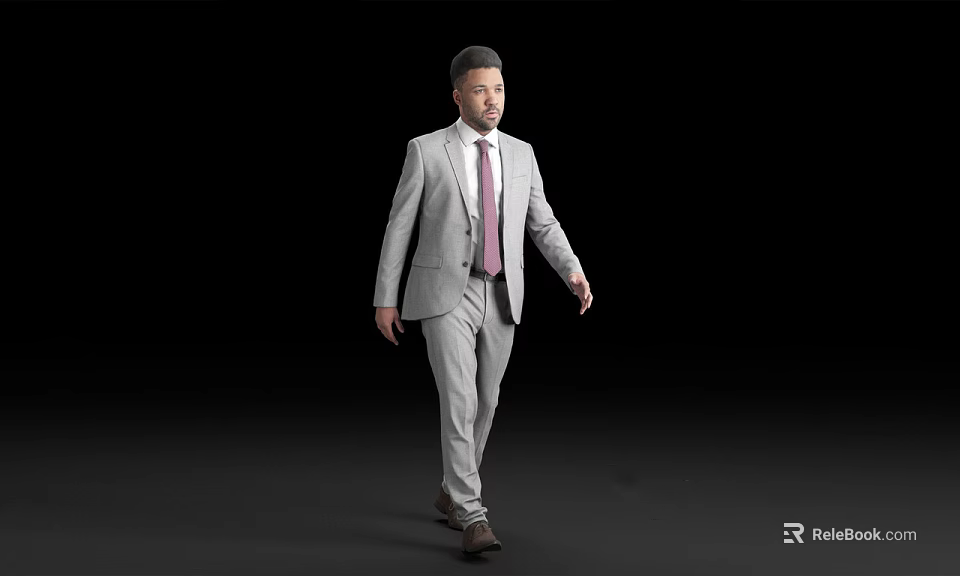 Full length man in gray suit with pink tie walking on black background 3d model 