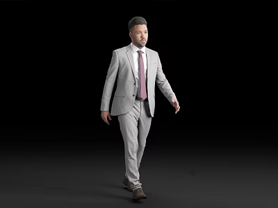 Full length man in gray suit with pink tie walking on black background 3d model