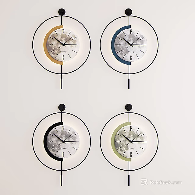 Four Modern Wall Mounted Clocks With Colorful Frames And Simple Design 3d model