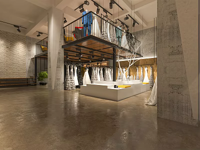Stylish Bridal Shop Interior With Hanging Wedding Dresses And Display Platform Design 3d model