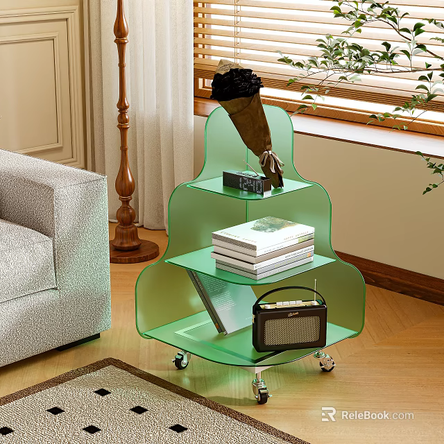 Green Multi Tiered Wheeled Side Table with Books Radio and Bouquet in Living Room 3d model 