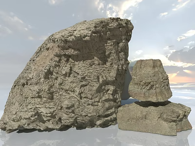 Large Stone Boulders And Wooden Logs Stacked Under Scenic Sky With Clouds 3d model