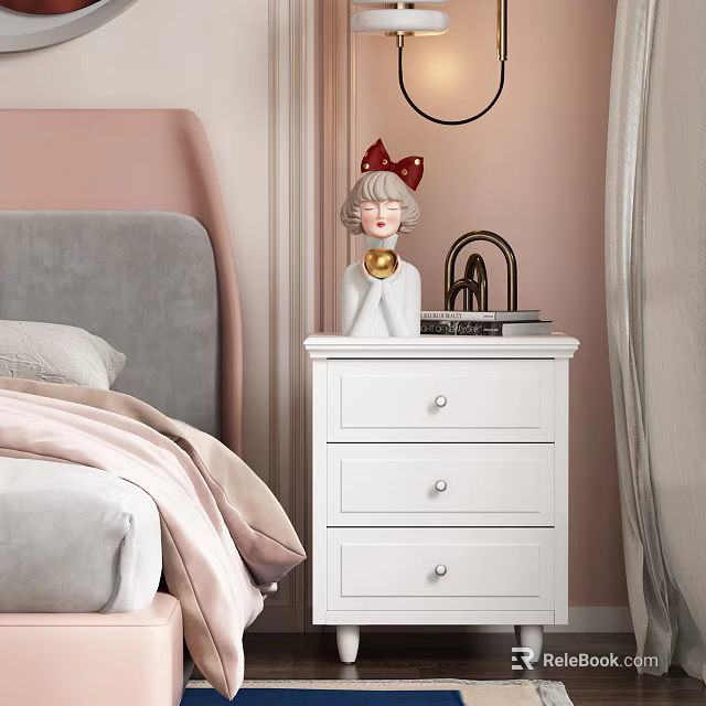 White Nightstand with Three Drawers Doll Red Bow Table Lamp and Books in Pink Bedroom 3d model 