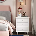 White Nightstand with Three Drawers Doll Red Bow Table Lamp and Books in Pink Bedroom