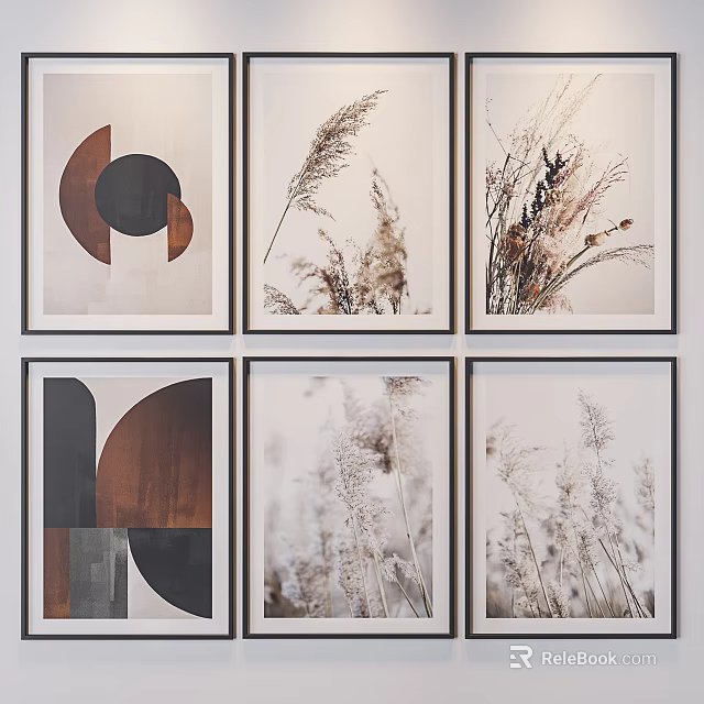 Modern Framed Wall Art with Geometric Shapes and Dried Grass Prints 3d model