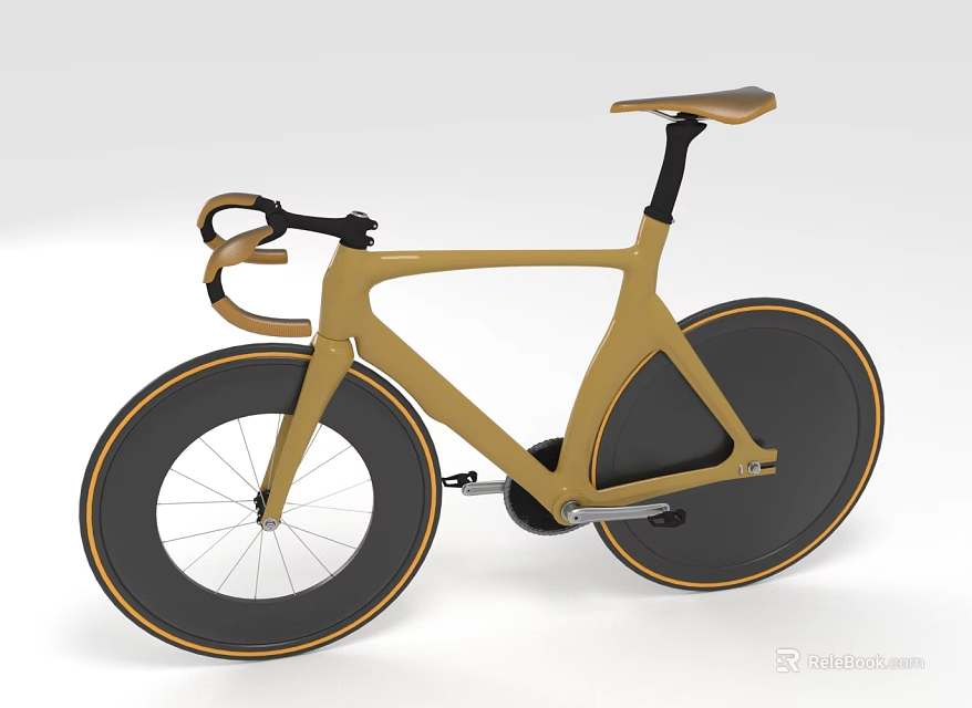 Golden Racing Bicycle With Streamlined Frame Black Wheels Yellow Rims And Brown Saddle 3d model 