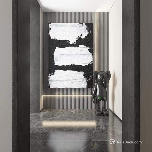 Abstract Painting With Black And White Brush Strokes In Modern Interior Space With Sculpture 3d model 