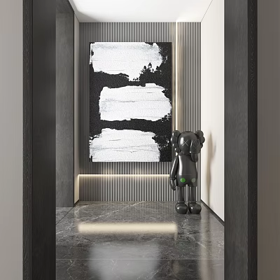 Abstract Painting With Black And White Brush Strokes In Modern Interior Space With Sculpture 3d model