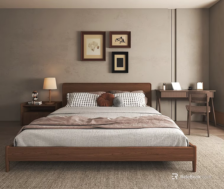 Double Bed with Wooden Headboard Plaid Pillows and Gray Blanket in Minimalist Bedroom 3d model 