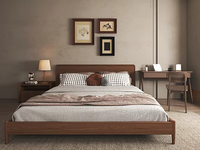 Double Bed with Wooden Headboard Plaid Pillows and Gray Blanket in Minimalist Bedroom 3d model