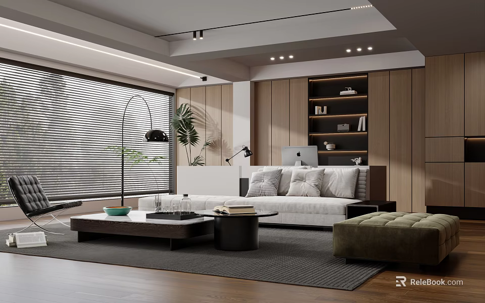 Modern Living Room Interior With Large Windows Sofa Coffee Tables And Plants 3d model 
