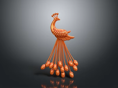 Orange Peacock Sculpture With Long Tail Feathers And Round Ornaments On Gray Reflective Surface 3d model