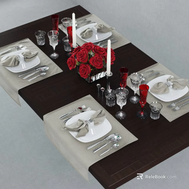 Elegant Tableware Set With White Plates Silver Cutlery Folded Napkins And Red Roses Decor 3d model 