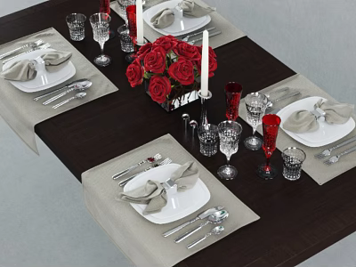 Elegant Tableware Set With White Plates Silver Cutlery Folded Napkins And Red Roses Decor 3d model