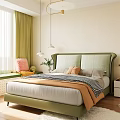 Cozy Modern Double Bed With Green Upholstered Headboard Pillows Checkered Blanket Nightstand And Green Plants
