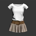 White Short Sleeve T Shirt With Brown Belt And Light Brown Pleated Skirt