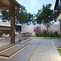 Modern Garden Landscape Design Featuring Pavilion Water Pool Lawn Stone Path Outdoor Seating And Lighting