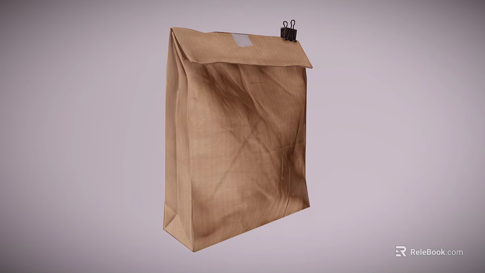Brown Paper Bag With Black Clip And White Label For Daily Use 3d model 