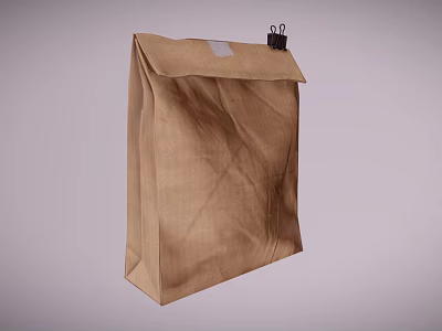 Brown Paper Bag With Black Clip And White Label For Daily Use 3d model