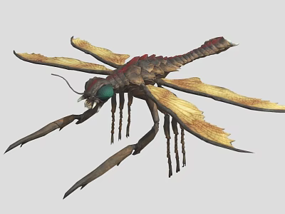 Fantasy Insect 3D Model Featuring Large Wings Green Eyes Red Brown Body And Long Legs 3d model