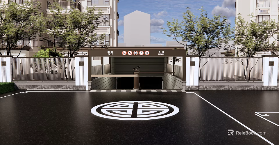Underground Garage Entrance With High Rise Buildings Trees And Ground Marker 3d model 