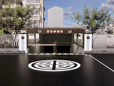 Underground Garage Entrance With High Rise Buildings Trees And Ground Marker 3d model