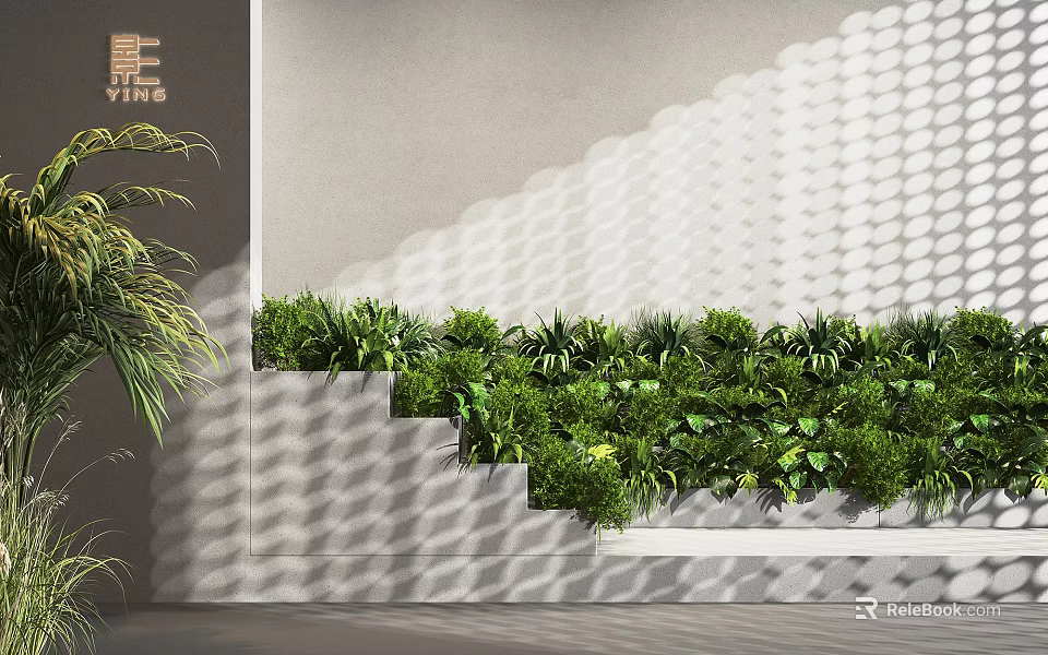 Potted Green Plants On Stairs With Gray Wall And Light Shadow Patterns 3d model 
