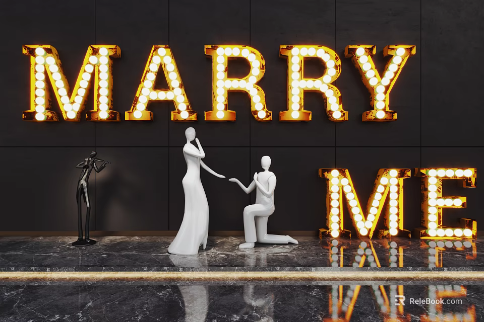 Romantic Marriage Proposal Scene With Marry Me Neon Sign Bride Groom Figurines 3d model 