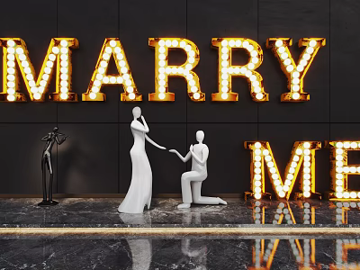 Romantic Marriage Proposal Scene With Marry Me Neon Sign Bride Groom Figurines 3d model