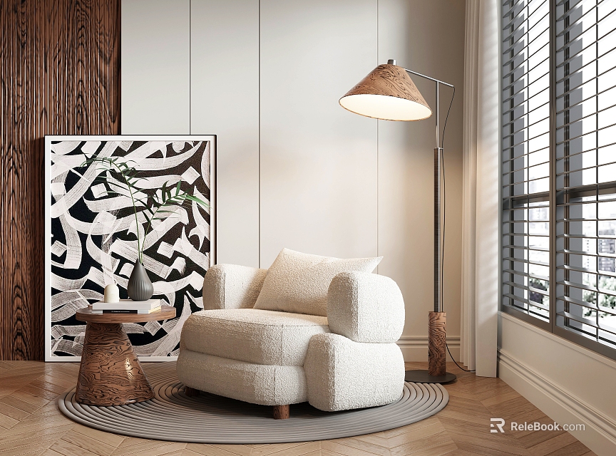 Cozy Cream Single Sofa In Modern Living Space With Floor Lamp Abstract Painting And Wooden Side Table 3d model 