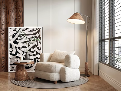 Cozy Cream Single Sofa In Modern Living Space With Floor Lamp Abstract Painting And Wooden Side Table 3d model