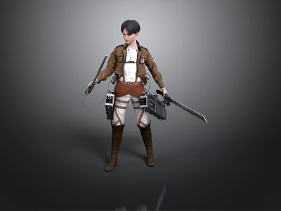3D Character In Brown Coat Fighting Giant With Swords And Maneuver Gear 3d model