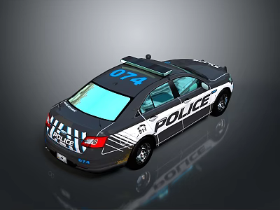Black and White Police Sedan Car With 074 Number And Roof Lights 3d model