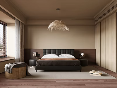 Cozy Bedroom Interior With Feather Pendant Light Black Headboard Wooden Floor And Area Rug 3d model