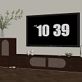 Living Room Interior With Wooden TV Stand Rattan Design TV Plant And Decorations