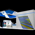 ET Logo Exhibition Booth With Blue White Design Tables Chairs And Green Plant