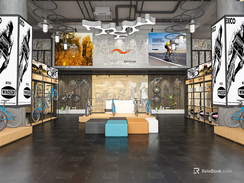 Bicycle Store Interior Featuring Displayed Bikes Racks Hanging Lights And Brand Posters 3d model