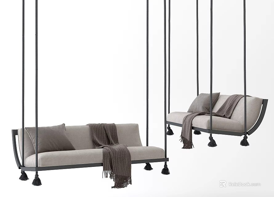 Hanging Chairs With Sofa Style Gray Cushions Blankets Metal Frames And Black Bases 3d model 