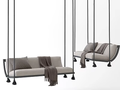 Hanging Chairs With Sofa Style Gray Cushions Blankets Metal Frames And Black Bases 3d model