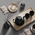 Minimalist Black Tea Set With Teapot Teacups Tea Plates On Wooden Tray Decorative Branches