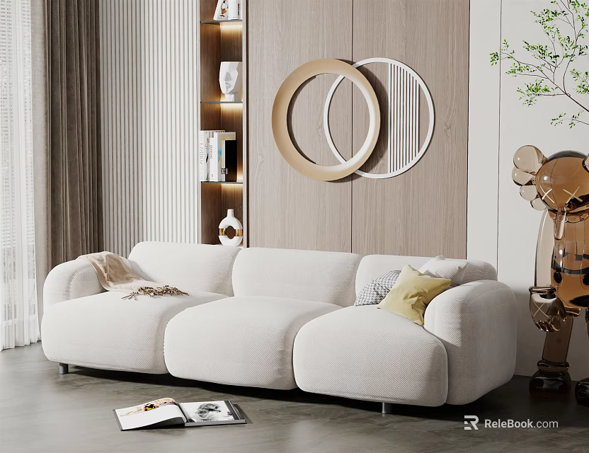 Modern White Three Seater Fabric Sofa With Circular Wall Decor And Open Magazines 3d model 