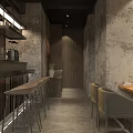 Cozy Dessert Shop Interior With Textured Walls Wooden Tables Gray Chairs And Decorative Paintings